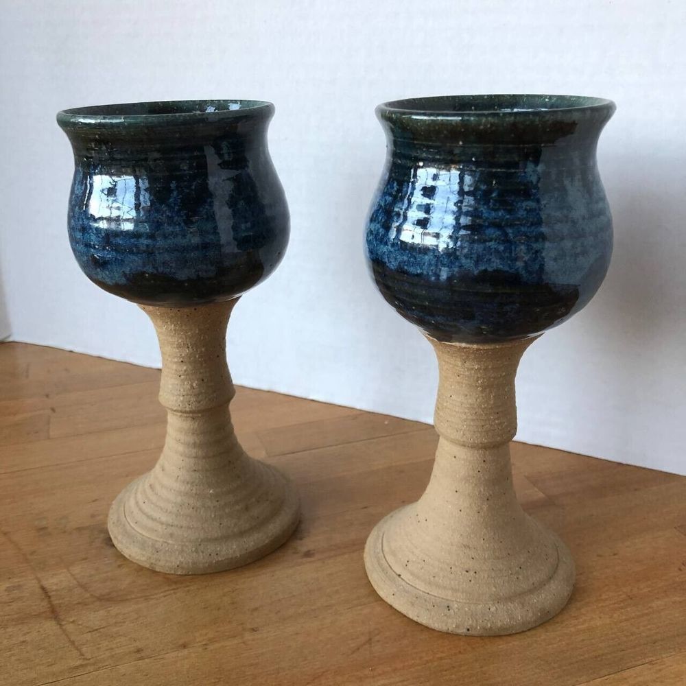 Two Wine Goblet Handcrafted Stoneware Art Pottery Goblet Glazed  7 1/8"